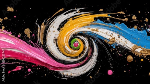 A vibrant abstract painting with swirling patterns and splashes of color.