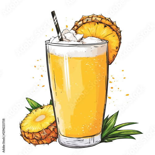 Pineapple coconut smoothie minimalist 2D vector graphic illustration sketch on a white background.

