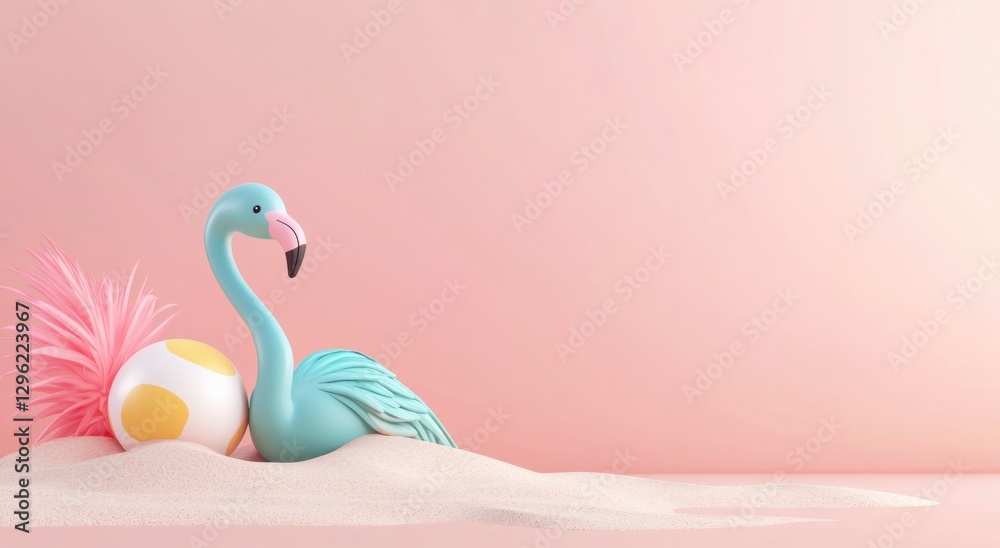 Obraz premium Playful Flamingo with Beach Ball on Pink Sandy Background
