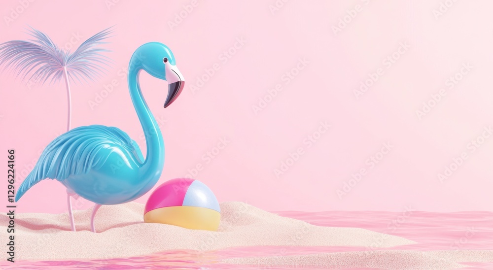 Obraz premium Playful Blue Flamingo with Beach Ball on Pink Sandy Shoreline