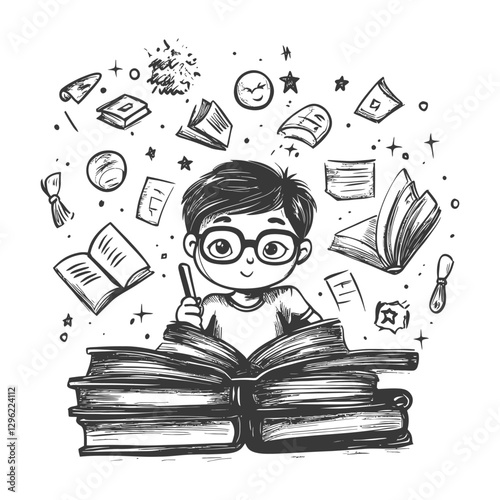 Boy Reading A Stack Of Books With Flying Books And Stars Around Him