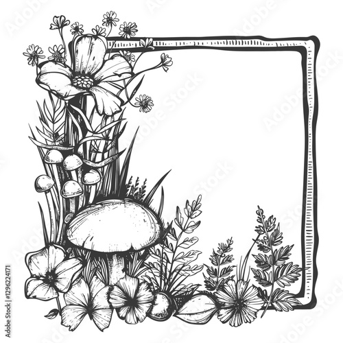 Hand Drawn Black And White Frame Of Flowers Mushrooms And Grass
