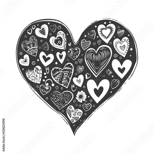Hand Drawn Black And White Heart Filled With Smaller Hearts