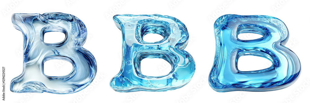 Three Distinct Ice Letters 'B' Showcasing Unique Textures and Transparency Isolated on a white background Three Distinct Ice Letters 'B' Showcasing Unique Textures and Transparency Isolated on a white background