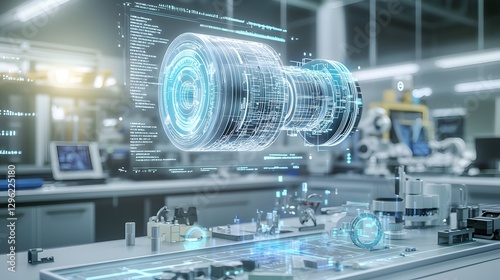 A 3D holographic model of an electric motor floating above a workbench displaying technical data and specifications in a futuristic research laboratory setting