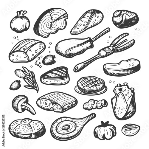 Hand Drawn Black And White Illustration Of Various Food Items Art Design