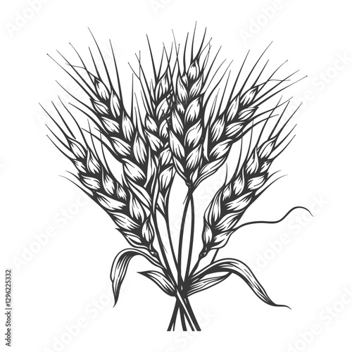 Hand Drawn Black And White Illustration Of Wheat Stalks