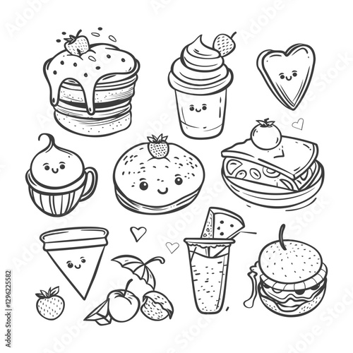 Hand Drawn Cartoon Food And Drink Illustrations With Kawaii Faces
