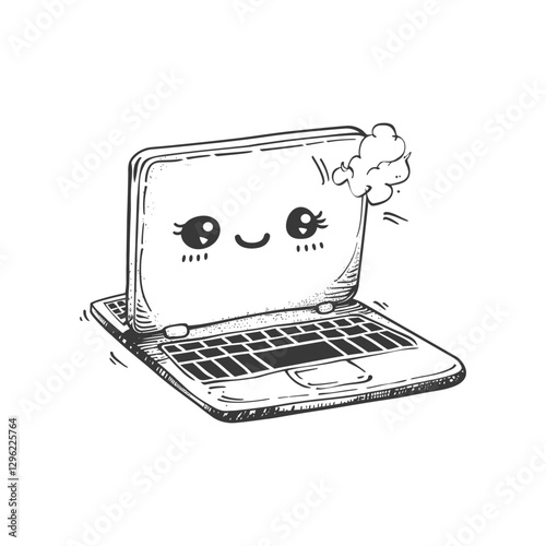 Hand Drawn Cartoon Illustration Of A Smiling Laptop With A Thought Bubble