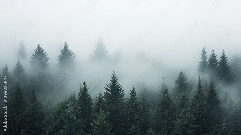 A dense pine forest covered in early morning fog, creating a peaceful and isolated feeling. A dense pine forest covered in early morning fog, creating a peaceful and isolated feeling.