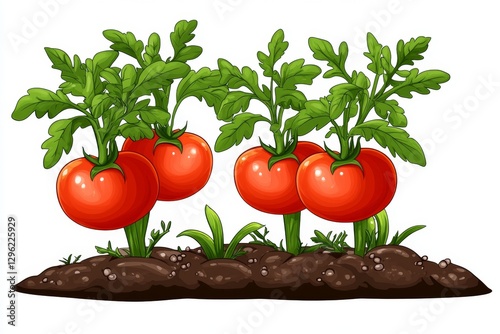 a 2D cartoon illustration of a vegetable garden with tomatoes and carrots growing, fresh and healthy, white background