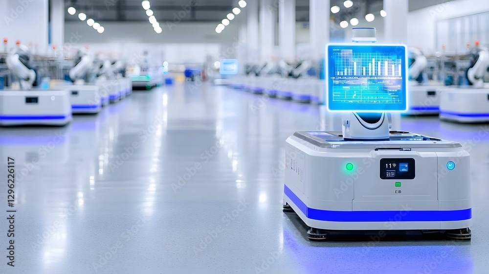 Fototapeta premium Autonomous robots operating seamlessly alongside a real time holographic display of critical production metrics on a high tech smart factory floor
