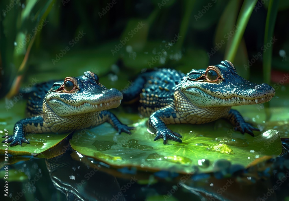 Fototapeta premium Two Small Alligators Resting on Lily Pads in a Lush Wetland Environment Surrounded by Greenery and Soft Water Reflections During a Peaceful Day