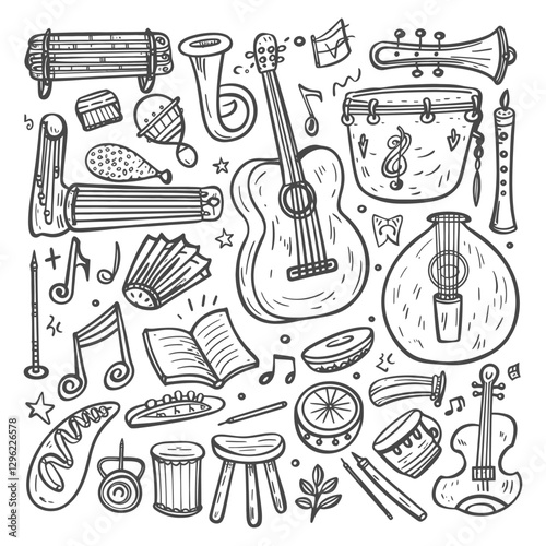 Hand Drawn Doodle Illustration Of Various Musical Instruments