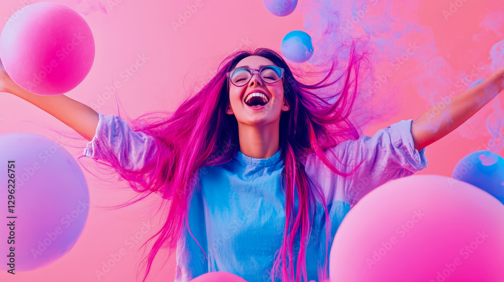 Pure Elation: Woman Joyful Burst Amongst Floating Spheres, design for advertising a positive outlook Pure Elation: Woman Joyful Burst Amongst Floating Spheres, design for advertising a positive outlook