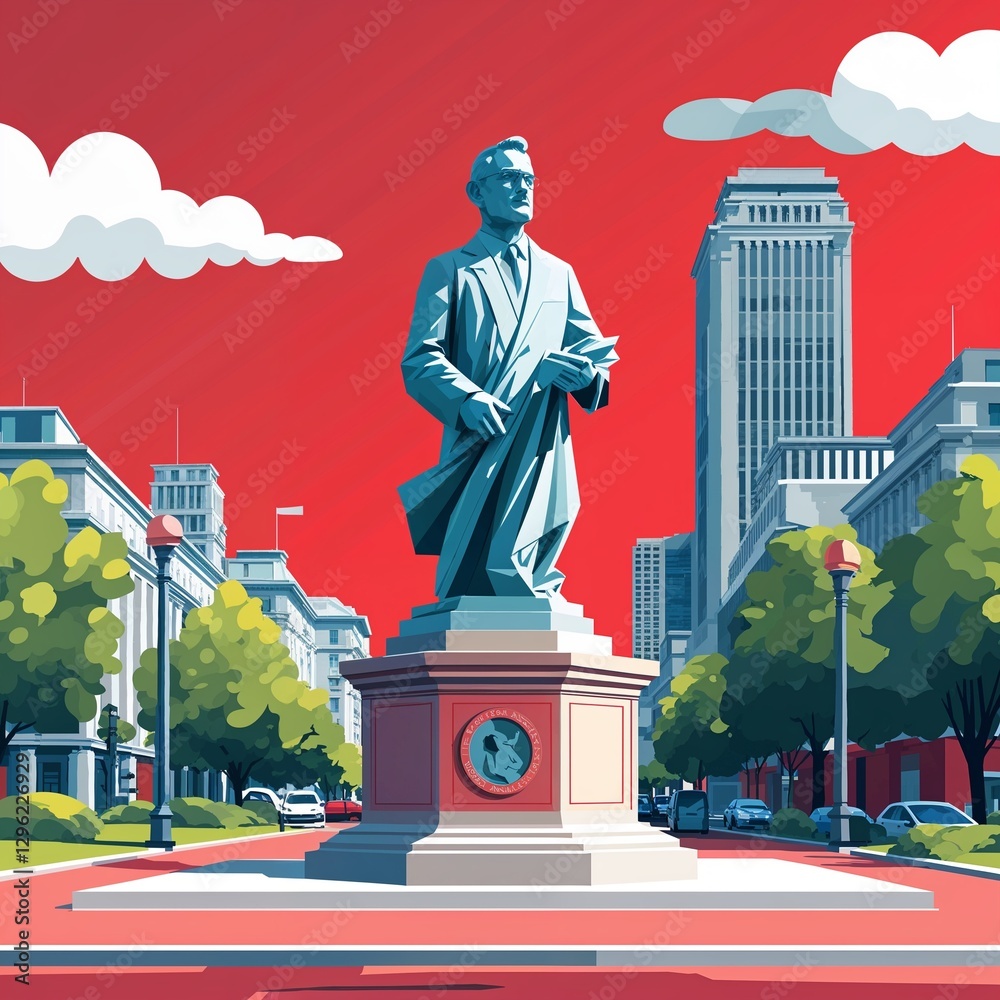 Obraz premium public sculpture on plain red background childish style illustration