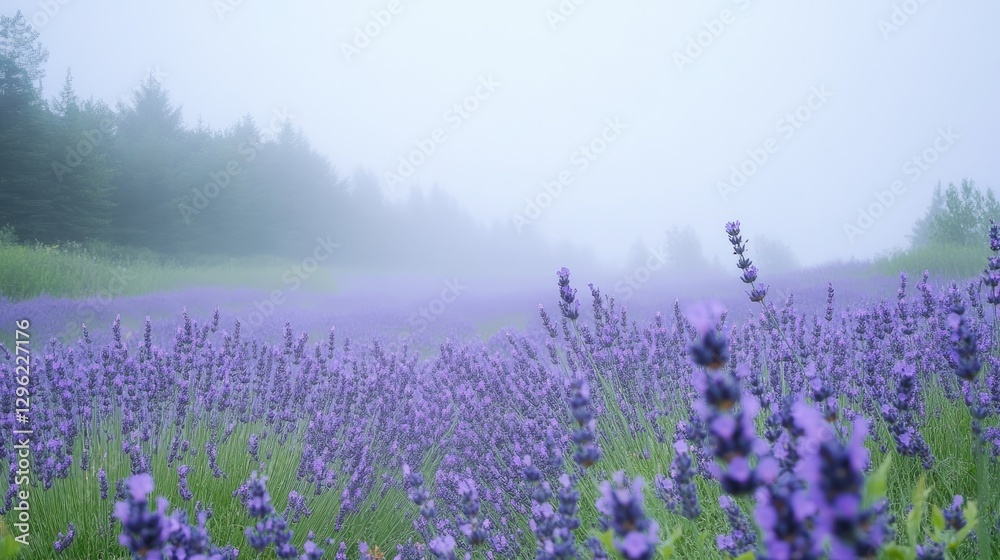 Fototapeta premium A field of lavender barely visible through morning fog, its soft purple hues blending into the hazy air.