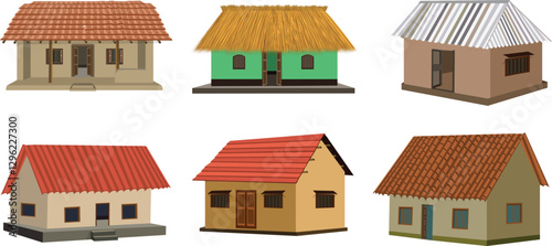 A row of six different types of houses, each with a unique roof and color scheme. The houses are arranged in a row, with the first house on the left and the last on the right. The variety of styles