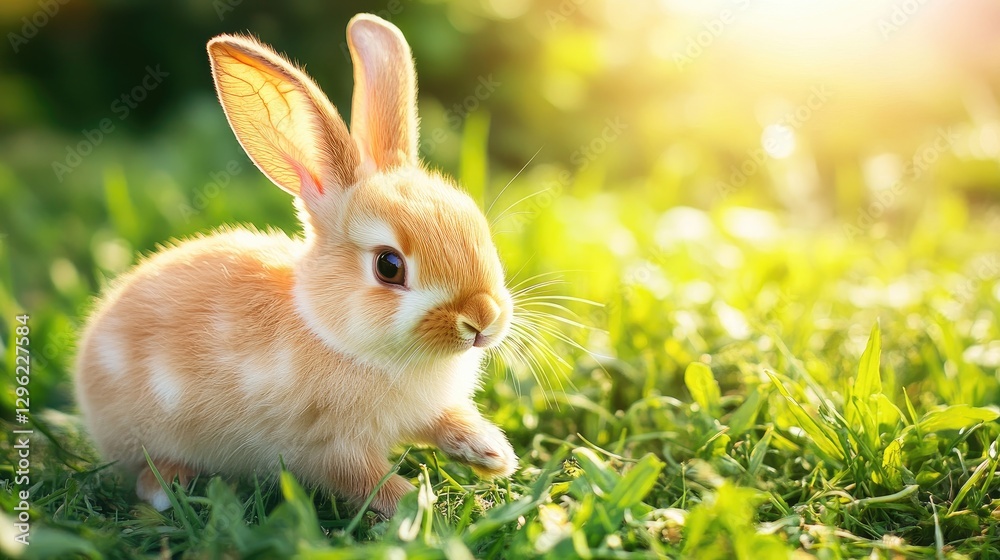 Fototapeta premium A fluffy rabbit hopping through the grass, with soft fur and long, floppy ears.