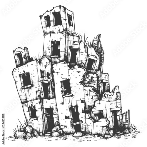 Hand Drawn Illustration Of A Crumbling Abandoned Building