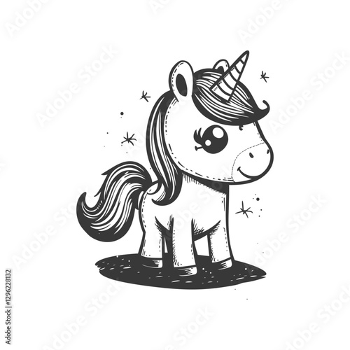 Hand Drawn Illustration Of A Cute Cartoon Unicorn With Stars