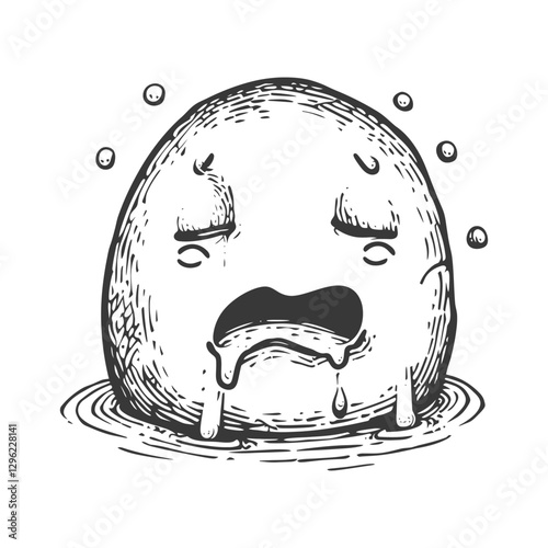 Hand Drawn Illustration Of A Crying Round Character With Drool