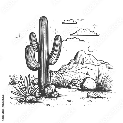 Hand Drawn Illustration Of A Desert Landscape With Cacti And Mountains Under A Starry Sky