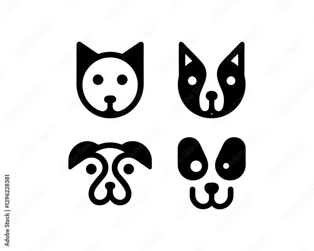 Set of Abstract dog head icons. Vector illustration. Simple silhouette. Black color flat style dog. Cartoon dog face logo. Animal logotype concept. Set of Abstract dog head icons. Vector illustration. Simple silhouette. Black color flat style dog. Cartoon dog face logo. Animal logotype concept.