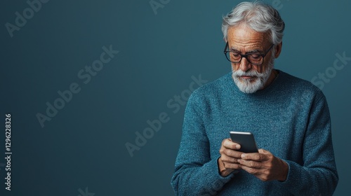 Mature Elderly Businessman Contemplating and Using Smartphone in Neutral Studio Setting