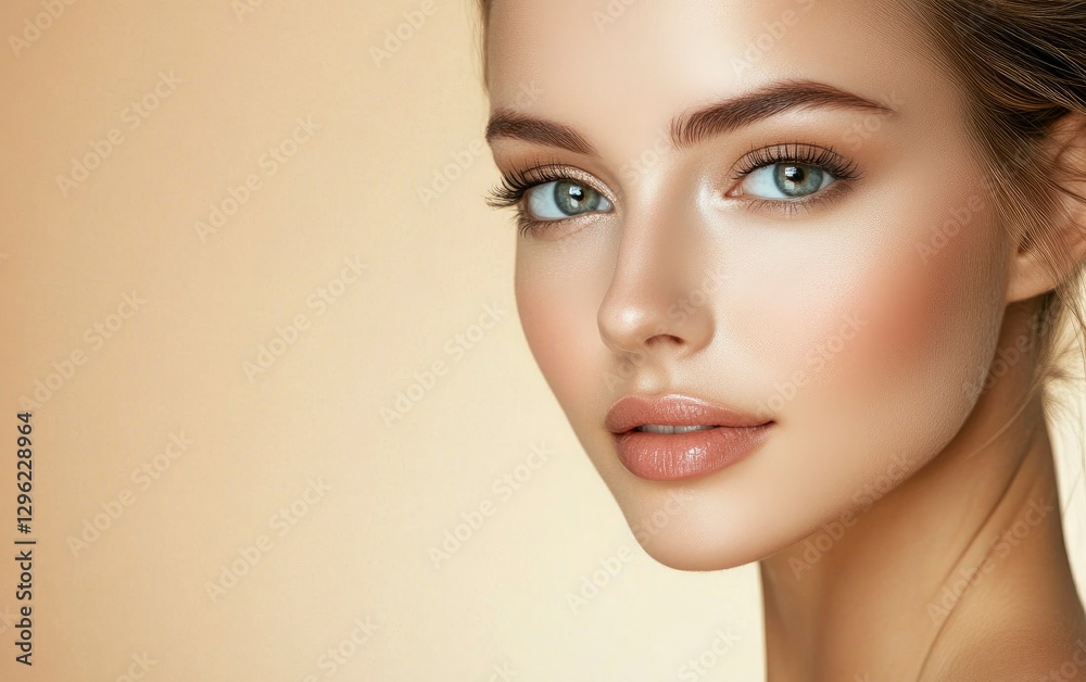 Naklejka premium Beautiful woman with flawless skin, against a beige background. Beauty portrait of a young, beautiful model close up on her face and shoulders. 