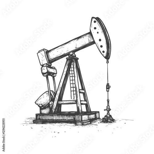 Hand Drawn Illustration Of An Oil Derrick Pumping Crude Oil
