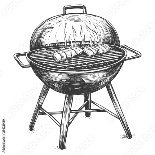 Hand Drawn Illustration Of A Round Charcoal Grill With Steaks Cooking On It