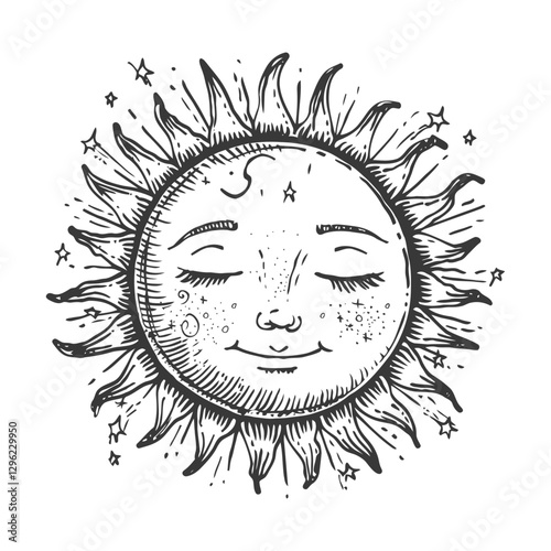Hand Drawn Illustration Of A Smiling Sun With Closed Eyes And A Crescent Moon On Its Forehead