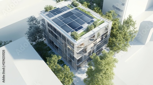 Aerial view modern sustainable building rooftop solar panels photo