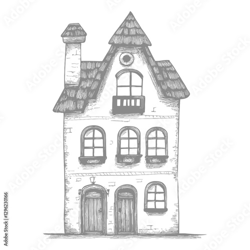 Hand Drawn Illustration Of A Three Story House With A Steep Roof And Multiple Windows