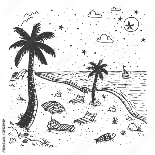 Hand Drawn Illustration Of A Tropical Beach At Night With Palm Trees Loungers And A Sailboat