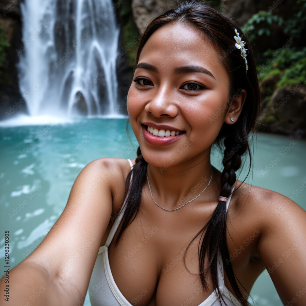 A joyful woman with dark, braided hair, a floral hairpin, and a white tank top, enjoying nature in front of a waterfall, her skin is light. A joyful woman with dark, braided hair, a floral hairpin, and a white tank top, enjoying nature in front of a waterfall, her skin is light.