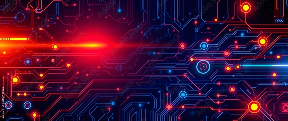Futuristic abstract technology background featuring a glowing multi-colored neon tech circle with an empty center. Dynamic beams, moving binary code, and cube perspectives enhance the depth. Futuristic abstract technology background featuring a glowing multi-colored neon tech circle with an empty center. Dynamic beams, moving binary code, and cube perspectives enhance the depth.