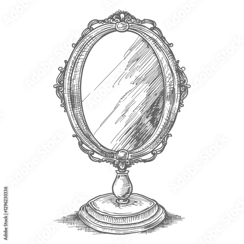 Hand Drawn Illustration Of A Vintage Oval Mirror With An Ornate Frame And Stand