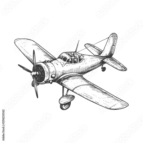 Hand Drawn Illustration Of A Vintage Propeller Airplane