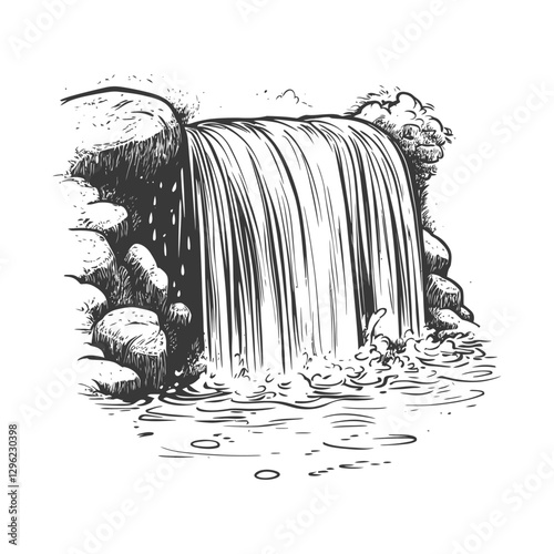 Hand Drawn Illustration Of A Waterfall Cascading Over Rocks