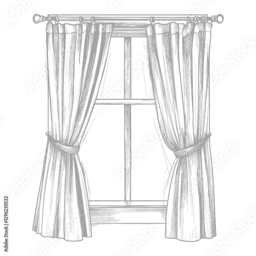 Hand Drawn Illustration Of A Window With Curtains
