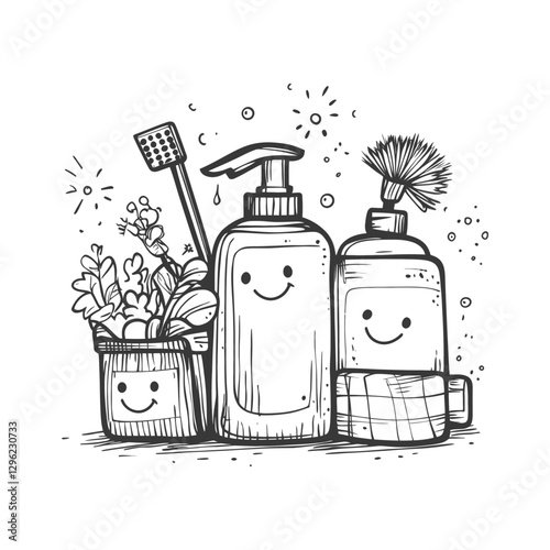 Hand Drawn Illustration Of Cleaning Supplies With Smiling Faces