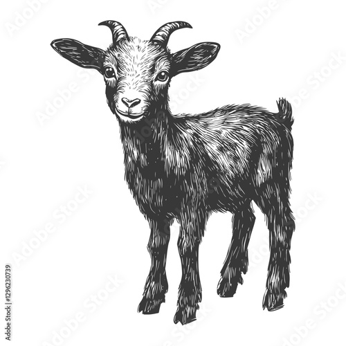 Hand Drawn Illustration Of A Young Goat With Short Horns And A Curious Expression