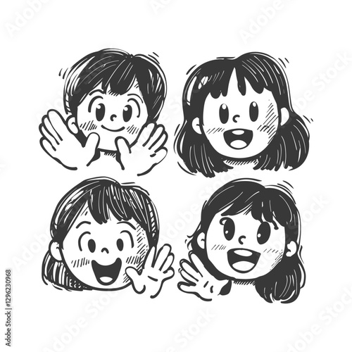Hand Drawn Illustration Of Four Cartoon Girls With Different Expressions