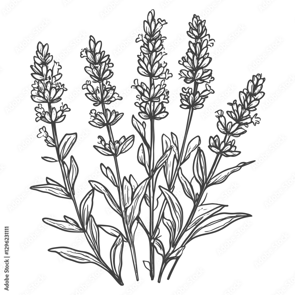 Fototapeta premium Hand Drawn Illustration Of Lavender Flower Stems