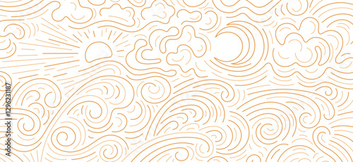 Sun, moon, cloud line pattern. Deep sea, art wave