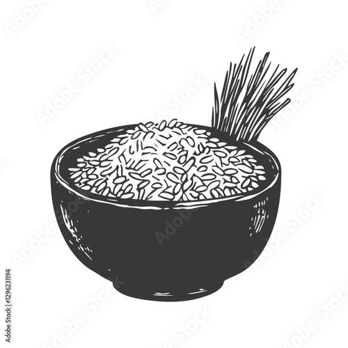 Hand Drawn Illustration Of Rice In A Bowl With Sprig Of Rice