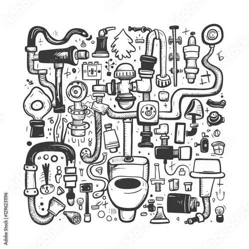 Hand Drawn Illustration Of Plumbing And Bathroom Supplies