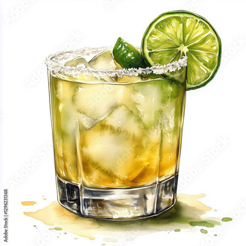Watercolor Illustration of Margarita Cocktail with Salted Rim and Lime Garnish